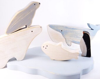 Wooden Toys floe Antarctic Arctic animals // Wooden Whale // Polar Bear -  Pinguin // vintage wooden toys//  waldorf wooden toys