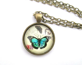 Antique bronze butterfly photo glass cameo necklace