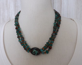 Multi strand glass necklace, teal and brown glass necklace, glass 3 strand necklace, summer jewellery, ethnic necklace, ethnic jewellery