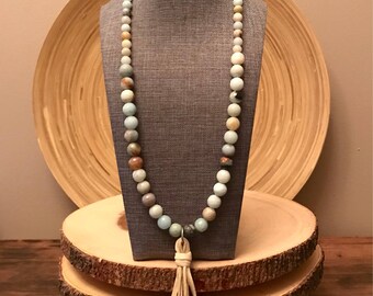 Amazonite beaded necklace, long beaded necklace, long tassel necklace, amazonite necklace, yoga necklace, leather tassel, leather necklace
