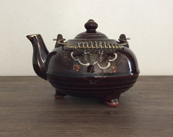 Brown Hand Painted Japanese Moriage Pattern Footed Teapot with Wire Handle and Floral Design; Vintage Teapot; Japanese Teapot