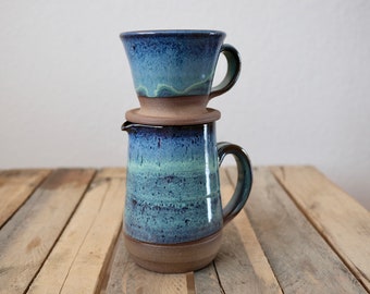 Coffee Pour Over Brewing Pitcher and cone in Pacific Blue Glaze; pottery, coffee pour over, coffee dripper, coffee cone, wheel thrown