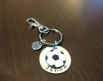 Personalized soccer keychain, soccer gift, team gift, girl's boy's soccer ball, hand stamped, name key chain, custom stamped, personalized