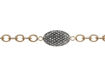 Diamond pave flat oval disc bracelet with gold filled chain