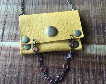 Tribal Leather Jewelry - Talisman Pouch Necklace - Soft Mustard Yellow Leather - Amulet Bag Necklace