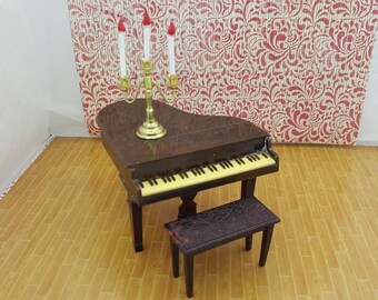 Renwal Baby Grand Piano and Bench Doll House Toy living room Hard Plastic Piano Candle Abra