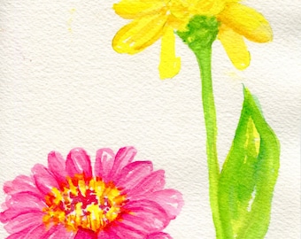 Zinnias Watercolors Paintings original, Small floral art pink, yellow zinnias watercolor paintings, Zinnia art decor, flowers floral
