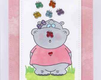 Baby Girl, Hippopotamus, hippo, pink, handmade cards