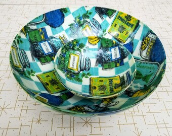 Chip Dip Set Blue Green Condiments and Spice Motif Fiberglass Bowls