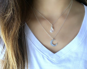 layered moonstone necklace 925 sterling silver moon necklace moonstone jewelry celestial moon rainbow moonstone jewelry moon jewelry gift