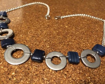 hardware jewelry necklace with stainless steel washers and glass blue beads
