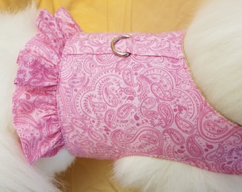 Pink Paisley Dog Harness with Ruffle