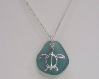 Sea glass necklace. Genuine Sea Glass Pendant Necklace. Aqua Sea Glass. Beach Glass Necklace. Silver Turtle Charm. Gift For Her. Mermaid.