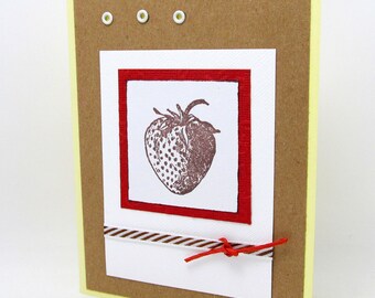 Strawberry Card - Any Occasion - Hand Stamped - Red Accents - Blank Card - Kraft Paper - Striped Ribbon - Rustic - Summer