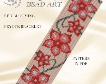 Pattern, peyote bracelet - Red blooming peyote bracelet pattern in PDF - instant download