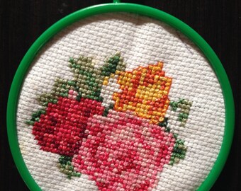 Red, Pink, and Yellow-Orange Roses with green frame & hanger (Cross Stitch)