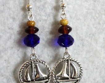 Blue and Brown Sailboat Earrings, Nautical Sailboat Charm Earrings, Dangle Earrings, Nautical Jewelry, Nautical Gift - Setting Sail