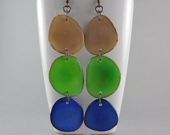 Tan and Green and Colalt Blue Shoulder Duster Trio of Tagua Nut Eco Friendly Earrings with Free USA Shipping #taguanut #ecofriendlyjewelry