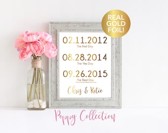 Wedding Sign Print, Personalized Wedding Gift, Important Dates, The Best Day, The Yes Day, Real Gold Foil, Wedding Print, Custom sign