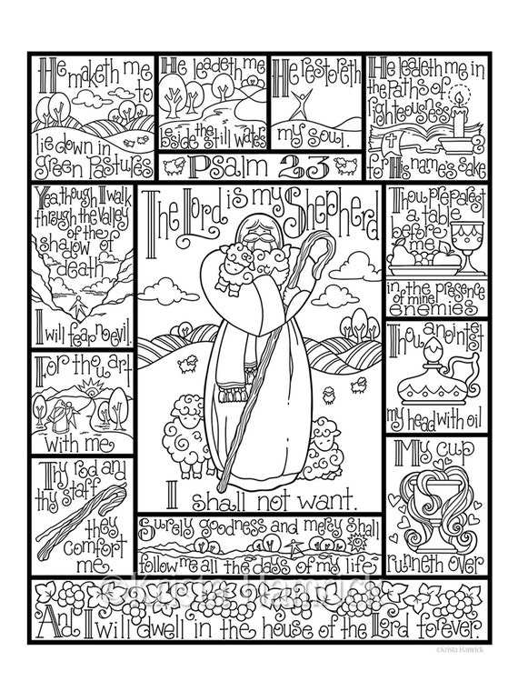 Psalm 23 coloring page in three sizes: 8.5X11 8X10 suitable