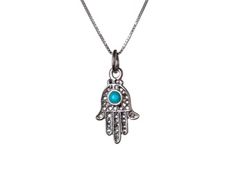 Hamsa Necklace Dainty 925 Silver High Polished Necklace Pendant Turquoise Evil Eye Handmade Free UK delivery