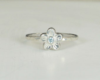 Small Flower Aquamarine Ring, Silver Aquamarine Ring, Flower Ring, Forget Me Not, Flower Jewelry, Sterling Silver Flower Ring, Floral Ring