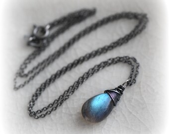 Labradorite Necklace, Blue Labradorite Pendant Oxidised Silver, Jewelry Gift, Small Labradorite Necklace, Handmade Gift For Her by Blissaria