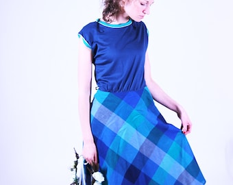 Blue vintage dress, women dress, plaid summer dress, spring dress, M, 38, midi dress, short sleeve dress (GP89)