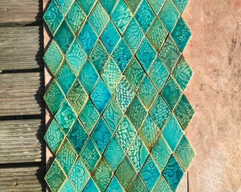 0.2 sqm Green and Aqua Textured Diamond-shaped Stoneware Tiles *Seconds*