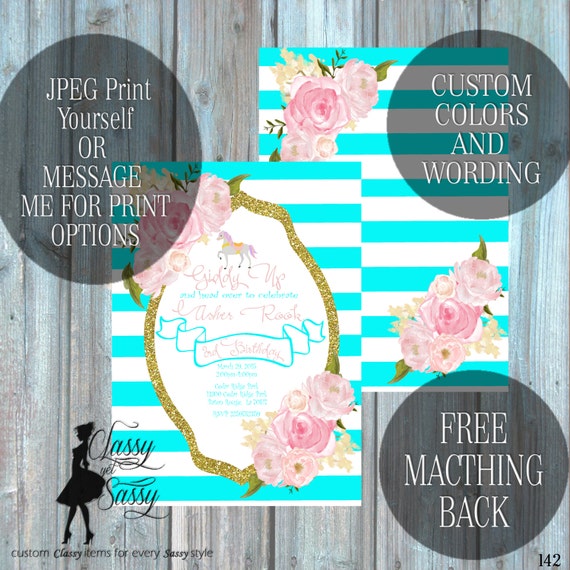 Carousel Horse Birthday Party Invitation, Pony Party, Aqua Glitter Party Invitation, DIY Print Party Invitation, Tween Birthday invite 142