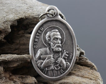 Saint Peter and St. Paul Religious Patron Saint Medal - Silver Oxidized 1 inch Die Cast Metal Made in Italy