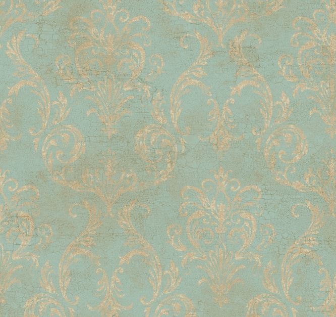 Wallpaper Antiqued Blue Gold Delia Damask with Fine Aged