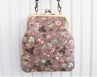 Taupe Brown Coral & Mint Small Floral Vintage Barkcloth Fabric 6" Antique Brass Kisslock Frame Crossbody Shoulder Bag Purse