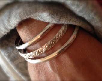 Set of 3 Heavy Sterling silver bangle bracelets - half round and pattern -