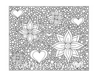 Zentangle Inspired Printable Coloring Page, Hearts and Flowers Zendoodle Page 45