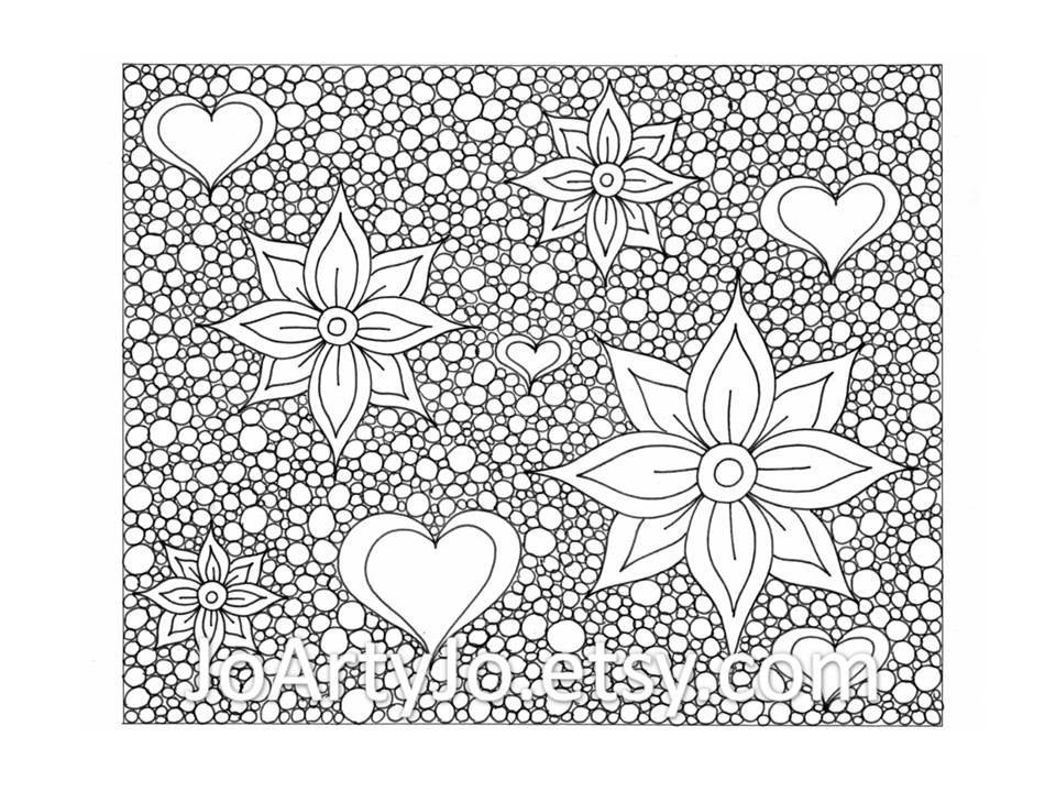 Download Zentangle Inspired Printable Coloring Page Hearts and Flowers