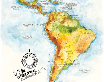latin america the caribbean map watercolor illustration south central american mexico brazil chile latin america