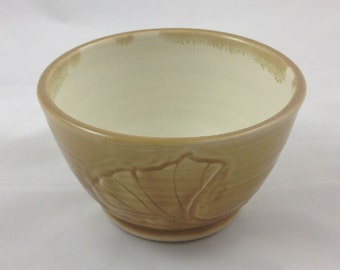 Golden Yellow Serving Bowl Ginkgo Leaf Design Handmade Pottery by Daisy Friesen