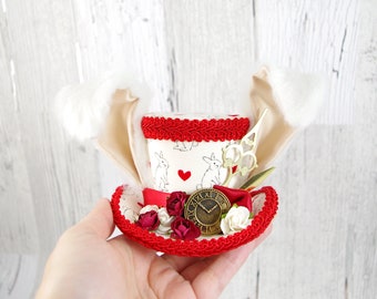 White Rabbit - Red, Ivory,and White Rabbit Eared Small Mini Top Hat Fascinator, Alice in Wonderland, Mad Hatter Tea Party, Derby Hat