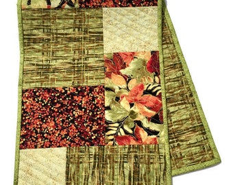 Fall Table Runner in Orange, Green and Gold, Autumn Quilted Table Runner, Fall Quilted Table Runner, Fall Bureau Scarf, Quiltsy Handmade
