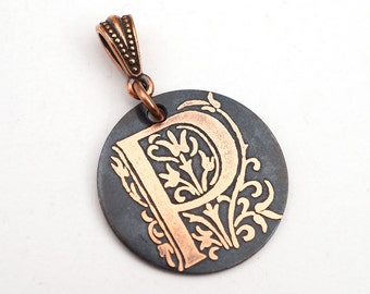 Letter P pendant, small round flat metal copper etched monogram initial, optional necklace, 25mm