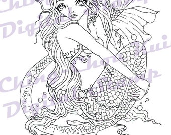 The Tender Angie - Instant Download Digital Stamp / Ocean Sea Mermaid Pearl Fantasy Fairy Girl by Ching-Chou Kuik