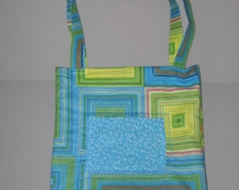 blue and green squared quilted tote bag