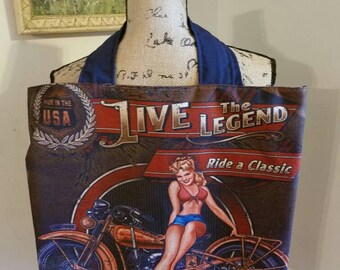 gift - for - her - pinup - biker - chick - motorcycle - usa - rockabilly - goth - punk - pinup - girl - canvas - lined - tote