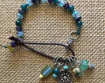 Czech Bead Boho charm bracelet indie leather