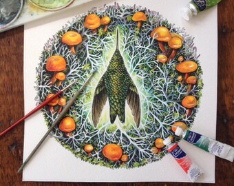Original Watercolour painting "Passing Through" Hummingbird in faerie ring