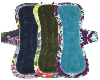 10" OBV Reusable Cloth Menstrual Pads / Mama Cloth Pads / Incontinence Pads - Set of 3 - Customize Your Flow Level, Fabrics and Backing