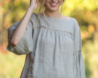 Linen Blouse Laced/ Boho blouse/ Linen Oversize Top/ Linen Tank/ Hippie Blouse/ Linen Shirt 3/4 sleeves/