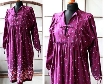 Vintage cotton hippie dress, boho dress, purple, free form, L, 70s, 1980s