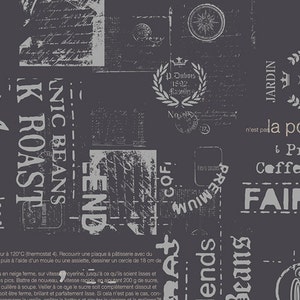 French Roast Coffee, French Pastry - Chalk words - Cherie Memorandum Cosmos - Art Gallery CHE 8805 - charcoal - Priced by the half yard
